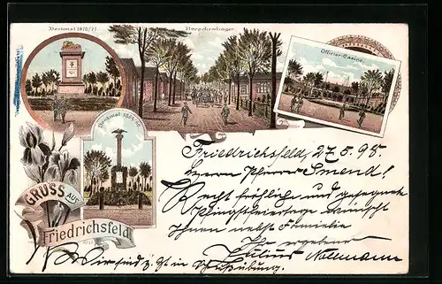 Lithographie Friedrichsfeld, Officier-Casino, Baracken-Lager, Denkmäler