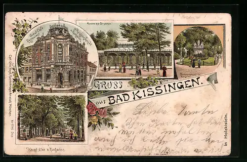 Lithographie Bad Kissingen, Grand Cafe-Restaurant Messerschmidt am Kurgarten, Racoczy-Brunnen