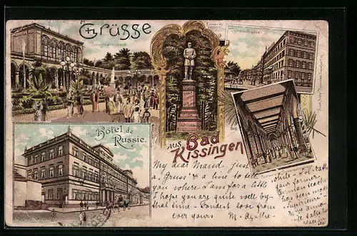 Lithographie Bad Kissingen, Hotel de Russie, Kurhaus-Strasse und Konversationssaal