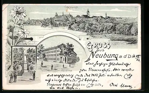 Lithographie Neuburg a. d. D., Kaserne, Kriegerdenkmal, Totalansicht
