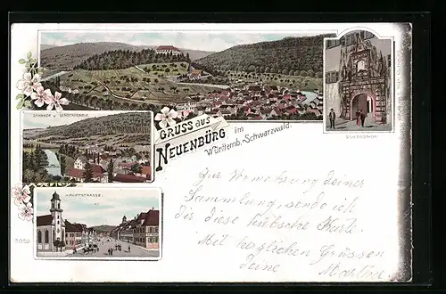 Lithographie Neuenbürg /Württ., Bahnhof und Sensenfabrik, Hauptstrasse, Gesamtansicht mit Schloss