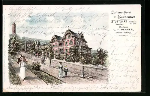 Lithographie Stuttgart, Luftkur-Hotel und Weinhandlung Buchenhof von C. F. Wanner