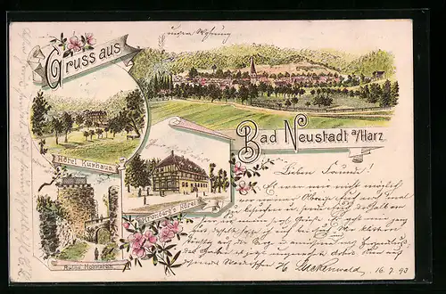 Vorläufer-Lithographie Bad Neustadt a. Harz, 1893, Hotel Kurhaus, Kronberg`s Hotel, Ruine Hohnstein