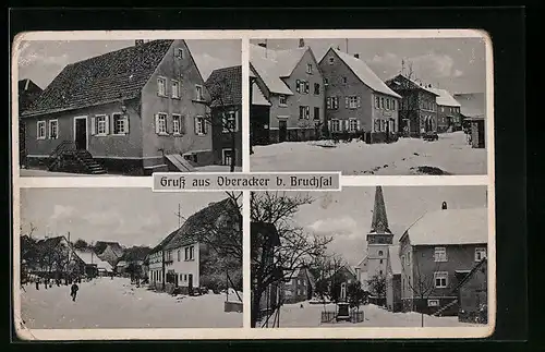 AK Oberacker bei Bruchsaal, Gasthaus zum Adler im Sommer und im Winter, Brunnen im Schnee
