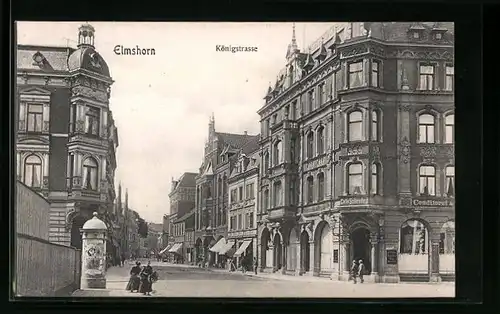 AK Elmshorn, Königstrasse mit Cafe Schrader und Litfasssäule