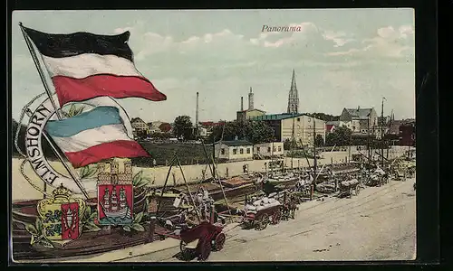 AK Elmshorn, Panorama, Rettungsring mit Fahnen und Wappen