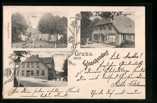 AK Gleschendorf, Hotel Stadt Hamburg, Geschäft, Kirche