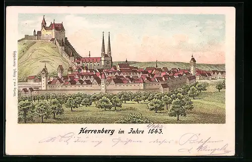 Lithographie Herrenberg, Ortsansicht mit Stadtmauer um 1643