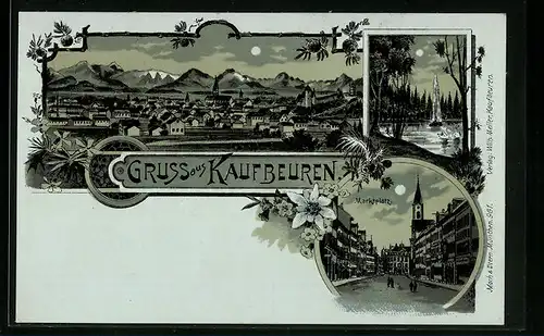 Lithographie Kaufbeuren, Strassenpartie am Marktplatz, Fontäne im Park, Ortsansicht