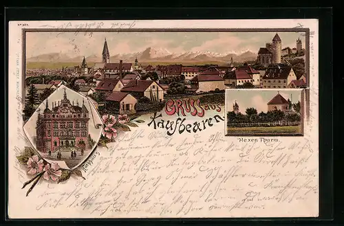 Lithographie Kaufbeuren, Ortsansicht aus der Vogelschau, Hexen Thurm, Rathhaus