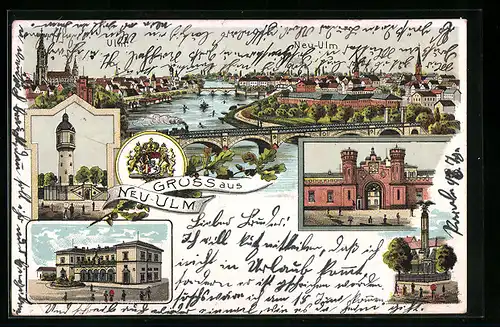 Lithographie Neu-Ulm, Ansicht von Ulm, Denkmal, Totalansicht