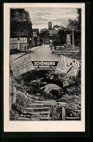 AK Schönburg / Saale, Gasthof zur Frischen Quelle mit Schönburg, Mosesbrunnen