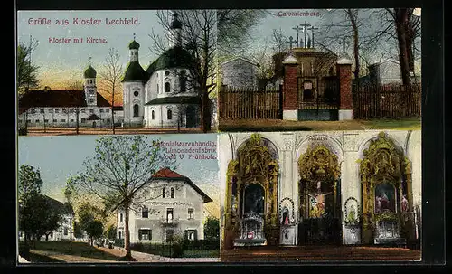 AK Lechfeld, Kolonialwarenhandlung Limonadenfabrik von V. Frühholz, Kloster mit Kirche, Calvarienberg