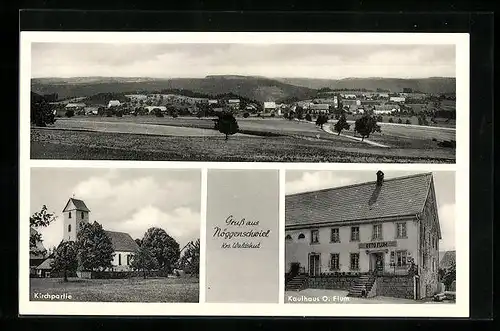 AK Nöggenschwiel /Kr. Waldshut, Kaufhaus O. Flum, Kirchpartie, Ortsansicht