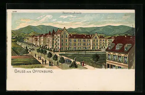 Lithographie Offenburg, Kasernen-Ansicht aus der Vogelschau