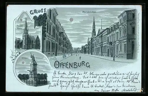 Mondschein-Lithographie Offenburg, Bahnhofstrasse, Evangel. Kirche, Kriegerdenkmal