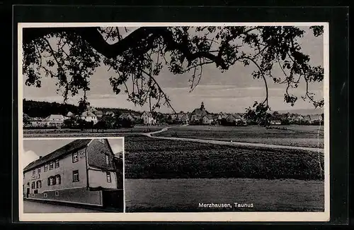 AK Merzhausen /Taunus, Gasthaus und Metzgerei Willi Nöll, Ortsansicht