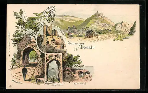 Lithographie Altenahr, Burg, Rittersprung, Ortsansicht
