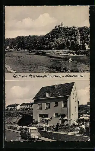 AK Oberlahnstein, F. Windhäuser, Lebensmittelgeschäft mit Restauration, Blick auf den Rhein