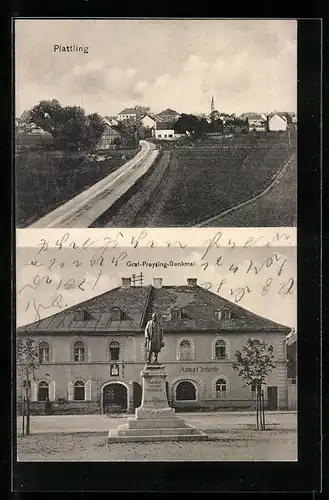 AK Plattling, Panorama und Graf-Preysing-Denkmal