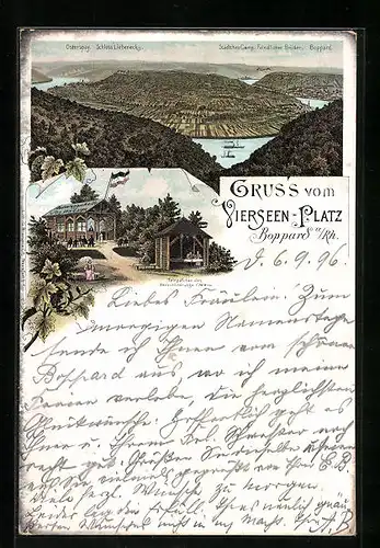 Lithographie Boppard a. Rh., Vierseen-Platz, Tempelchen des Verschönerungs-Vereins, Ortsansicht