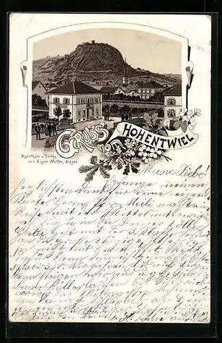 Lithographie Hohentwiel, Ortsansicht mit Kirche