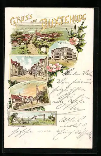 Lithographie Buxtehude, Baugewerkschule, Breite Strasse, Geest-Thor