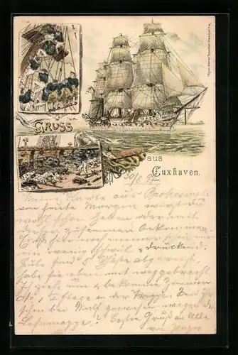 Lithographie Cuxhaven, Segelschiff, Matrosen in den Wanten