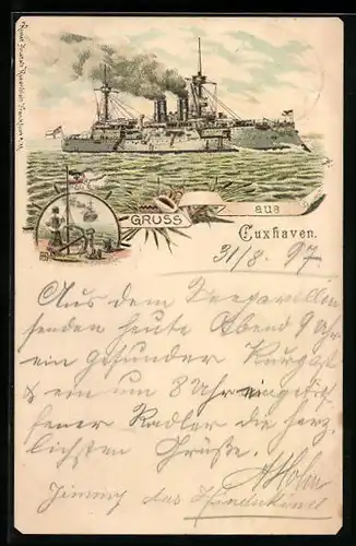 Lithographie Cuxhaven, Kriegsschiff in Fahrt