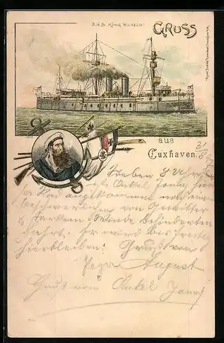 Lithographie Cuxhaven, Kriegsschiff SMS König Wilhelm, Matrose mit Vollbart