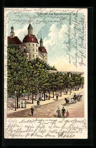 Lithographie Neuburg a. D., Luitpoldplatz mit Schloss