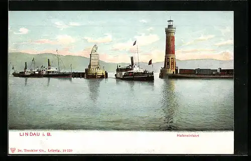 AK Lindau i. B., Hafeneinfahrt mit Leuchtturm