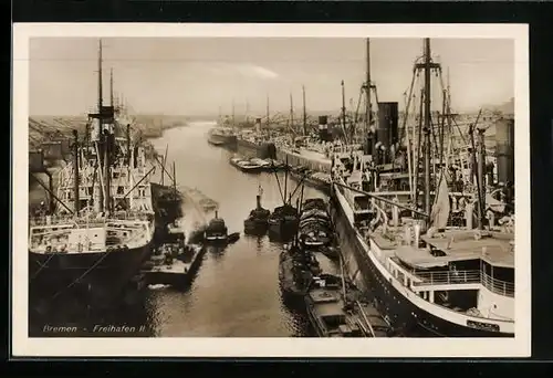 AK Bremen, Freihafen II mit grossen Dampfern