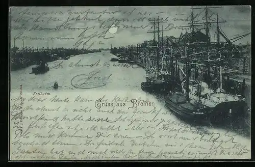 Mondschein-AK Bremen, Freihafen bei Nacht mit Boot Hermann