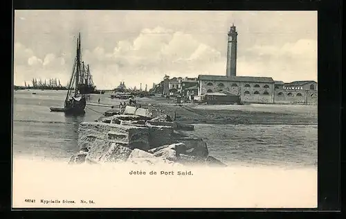 AK Port Said, Jetée, Blick zum Leuchtturm, Segelboote