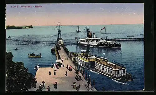 AK Konstanz, Hafen mit Dampfer aus der Vogelschau