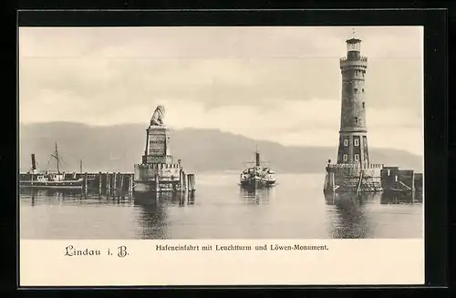AK Lindau i. B., Hafeneinfahrt mit Leuchtturm und Löwen-Monument