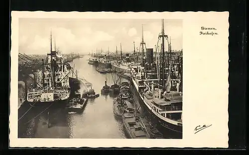 AK Bremen, Dampfer im Freihafen aus der Vogelschau