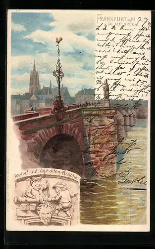 Lithographie Alt-Frankfurt, Die alte Brücke mit Relief