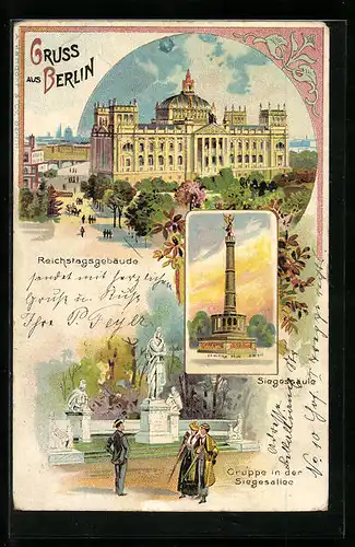 Lithographie Berlin, Reichstagsgebäude, Siegessäule