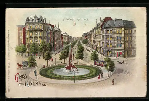 Lithographie Köln /Rh., Hohenstaufenring mit Brunnenanlage, Halt gegen das Licht