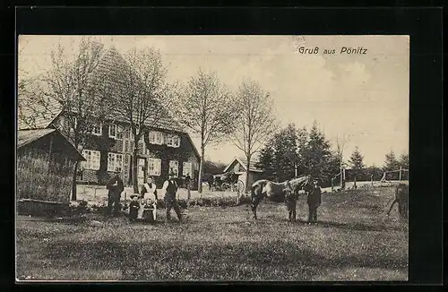 AK Pönitz, Altes Gebäude mit Kutsche