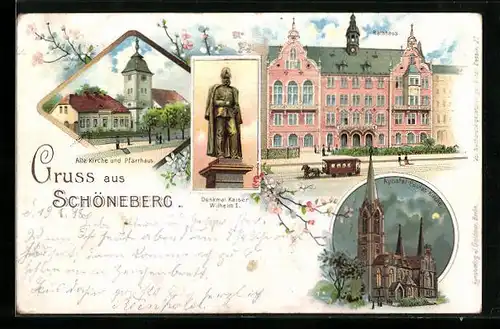 Lithographie Berlin-Schöneberg, Alte Kirche und Pfarrhaus, Rathaus, Denkmal Kaiser Wilhelm I.