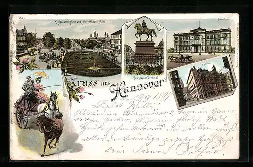Lithographie Hannover, Königswortherplatz und Herrenhäuser-Allee, Ernst August Denkmal, Rathaus, Ständehaus
