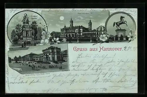 Mondschein-Lithographie Hannover, Bahnhof, Polytechnikum, Kriegerdenkmal