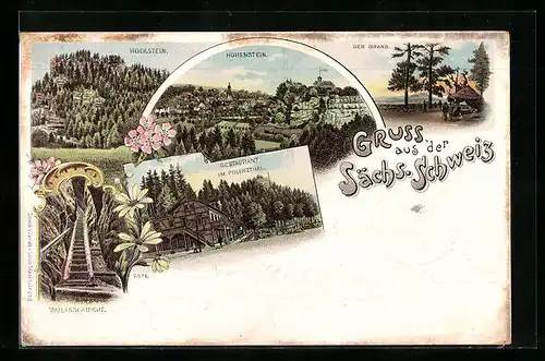 Lithographie Hohnstein, Restaurant im Polenzthal, Wolfsschlucht, der Brand, Hockstein