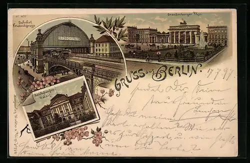 Lithographie Berlin, Bahnhof Friedrichstrasse, Brandenburger Tor, Reichskanzler-Palais