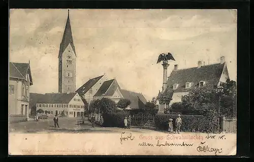 AK Schwabmünchen, Ortspartie mit Kirche und Denkmal