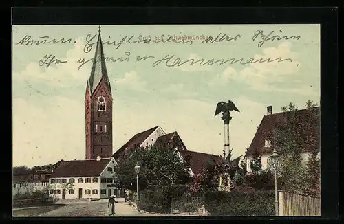 AK Schwabmünchen, Ortspartie mit Denkmal und Kirche