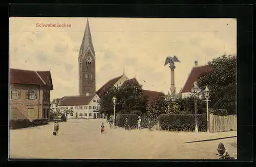 AK Schwabmünchen, Kriegerdenkmal mit Pfarrkirche